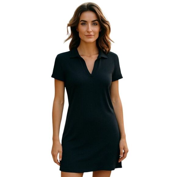 Ambiance Black Mini Dress Med to Large* Ribbed Collared Pullover Stretch Bodycon - Picture 1 of 11